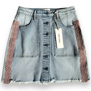 Driftwood - Button Front Raw Hem Boho Denim Mini Skirt - Size 26 with Pockets